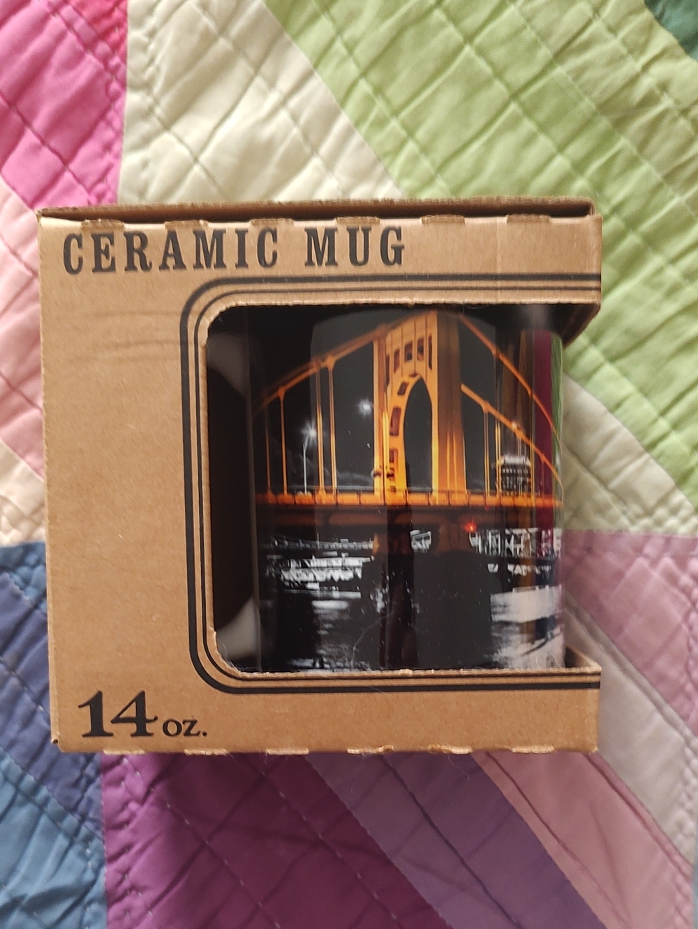 Ceramic Mug with Golden Bridge Design - Black and Gold